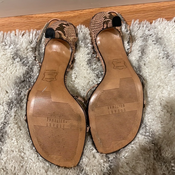 Stuart Weitzman ✨ heels gold shimmer size 6 leather sole bow strappy shoes women - Picture 5 of 6